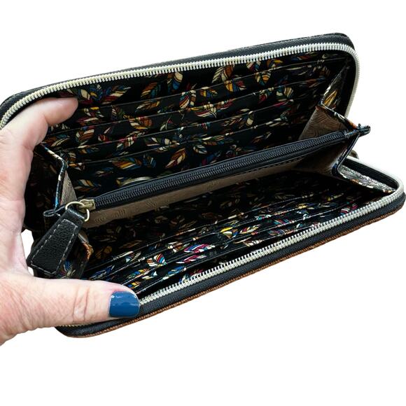 Sakroots zip around wallet clutch purse brown birds coated canvas coin pocket - Picture 6 of 9